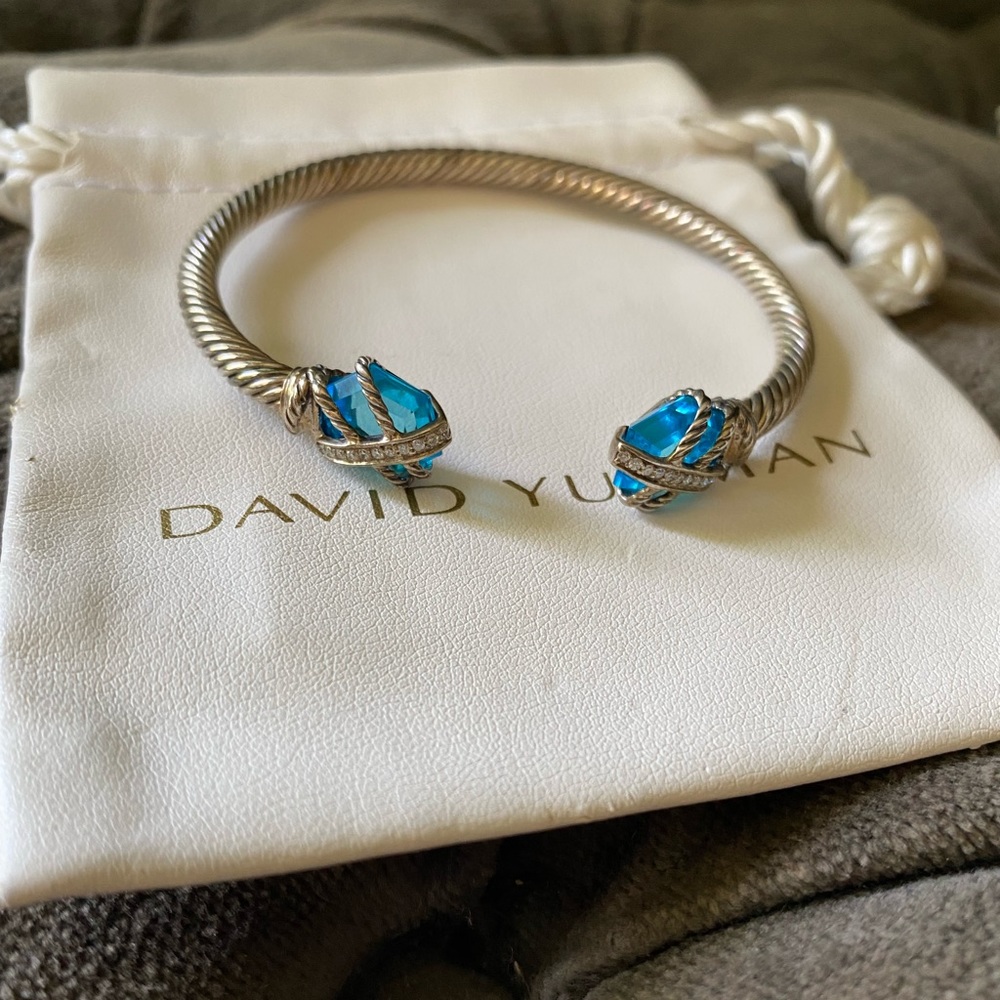 David Yurman Cable Bracelet in Blue Topaz with Diamonds Wrapped Around Topaz